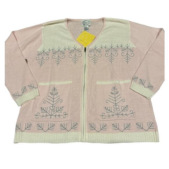 NWT Stiches In Time Pink, white, zipper Cardigan w snowflakes & gems size Large - Picture 1 of 13